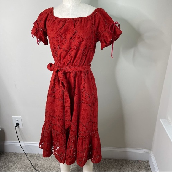 Shoshanna anthropologie eyelet red belted ruffle midi dress size 2 wedding guest - Picture 1 of 14